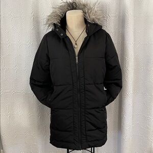 Women's Black Winter Ski Parka with Faux Fur Hood Trim